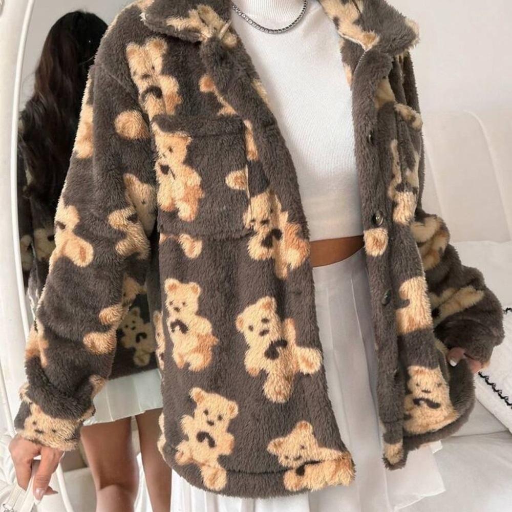 Gorgeous Large Brown Teddy Print Furry Button Down Collared Sweater PC 🖤 - Picture 3 of 16